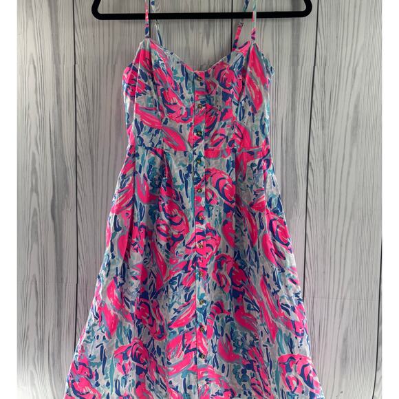 Lilly Pulitzer Easton Dress Cosmic Coral Size 0 Pink, Blue Gold Spaghetti Strap - Picture 1 of 11